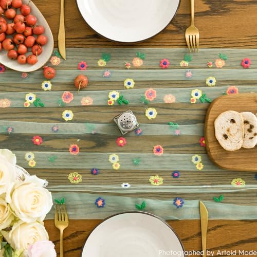 Artoid Mode 3PCS Sage Green Embroidery Daisy Gauze Table Runner 120 Inch - Image 5