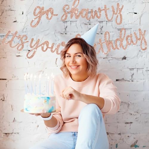 BEISHIDA Rose Gold Go Shawty It's Your Birthday Banner - NO DIY - Hip Hop Theme Glitter Happy Birthday Banner - Pre-Strung - Rose Gold Rap Theme Happy Birthday Sign for Man Women birthday Party Supply - Image 5
