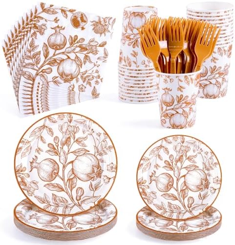 Kochorie 144 Pieces Thanksgiving Vintage Floral Party Supplies, Orange Tableware Sets Including Fall Disposable Pomegranate Paper Plates Napkins Cups Forks Serves 24 for Wedding Fall Party Decorations by Kochorie