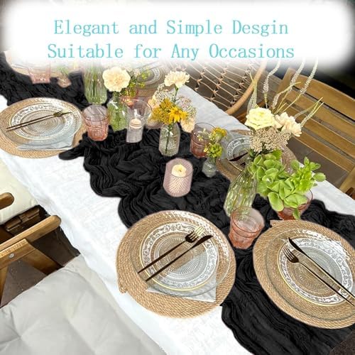 6 Pack Black Cheesecloth Table Runner 20 x 120 inch Gauze Table Runners 10 FT Long,Semi Sheer Boho Cheese Cloth Fabric Table Runner Bulk for Wedding,Party,Baby Shower,Bridal Shower Decoration - Image 5
