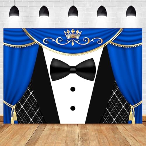 Tuxedo Backdrop 15x8FT Blue Curtain Crown Gentleman Birthday Party Background for Photography, Father or Boss Birthday Party Decorations Banner - Image 2