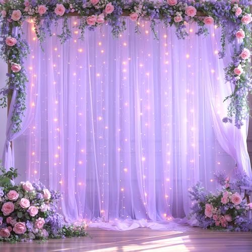 Lavender Tulle Photo Backdrop Curtain with Lights String for Parties Wedding Bridal Shower Sheer Lavender Curtain Backdrop for Birthday Baby Shower Photo Booth Photography 10ft x 8ft by Suppromo