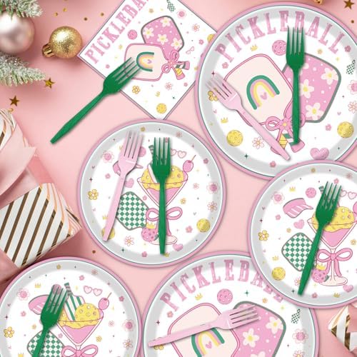 Pickleball Birthday Party Decorations Tableware, 96PCS Pickle Ball Disposable Pink Paper Plates and Napkins Decoration, Ball Theme Forks Decor Supplies Serve for 24 Guest - Image 6