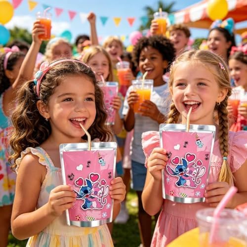 Pink Stitch kids Birthday Party supplies decoration set for 16 Guests–83PCS Set with 16 Plates9'' Napkins popcorn boxes birthday Banner juice labels blowouts Cake Topper & Tableware - Image 6