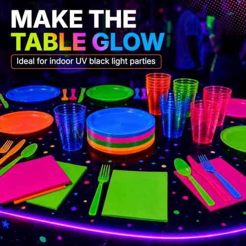 Kedudes Neon Glow Party Supplies, Serves 32 - Hard Plastic Disposable Party Neon Plates, Napkins, Neon Cups Tumblers, Cutlery - Forks, Knives, Spoons - Neon Party Decorations - Fiesta Party Supplies - Image 5