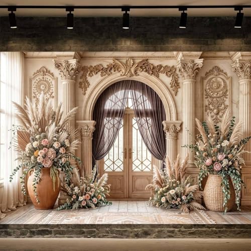 5X5ft Retro European Wedding Backdrop Boho Flowers Wedding Pattern Photography Background Classic Bridal Shower Portrait Party Decoration Supplies Cake Table Photo Booth Studio Props - Image 2