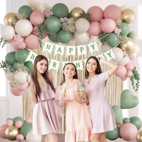 Pink and Sage Green Birthday Decorations with Sand White Gold Balloons - Image 6