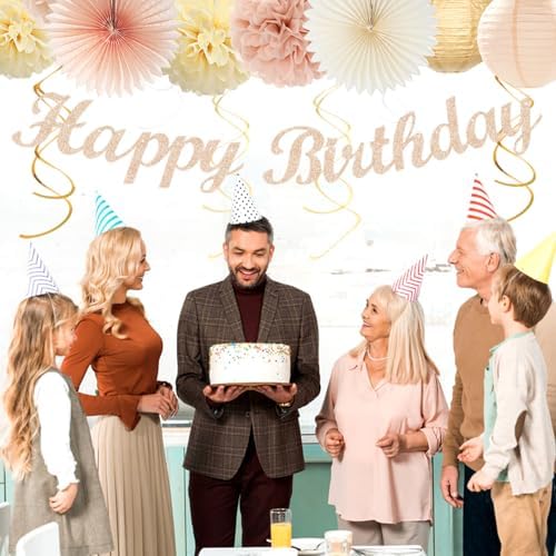 Champagne-Gold Beige 21st Happy-Birthday Party-Decorations - 31pcs Sweet 16 18th Women Girls Paper Lanterns Streamers Banner,Tissue Pom Poms Fans Tassels Graland Decor,Fall Boho Rose Backdrop Hugmoon - Image 6