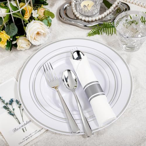 WELLIFE 350Pcs Silver Plastic Plates for 50 Guests - Disposable Dinnerware Set, Party Supplies Includes 100 Silver plates,150 Silverware,50 Napkins,50 Cups, Plastic Plates for Party and Wedding - Image 4