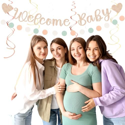 Sage-Green Pink-Beige Baby-Shower Party-Decorations - 36pcs Welcome Home Banner Sign,Girl Paper Lanterns,Neutral Streamers Garland,Boho Tissue Pom Poms Flowers Fans Backdrop Decor Burgleda - Image 6