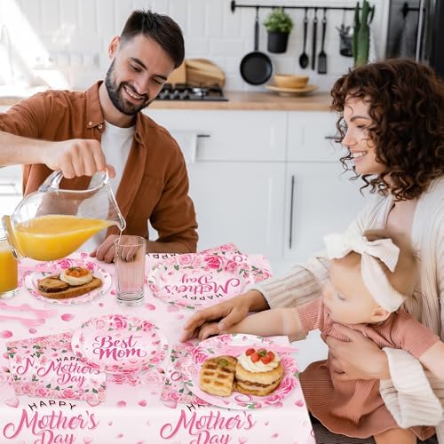 122 PCS Mothers Day Plates and Napkins Set, Serves for 30 Guests Pink Mother's Day Home Decor with Flowers, Disposable Paper Plates Napkins Plastic Forks Tablecloth for Best Mom Party Supplies - Image 7