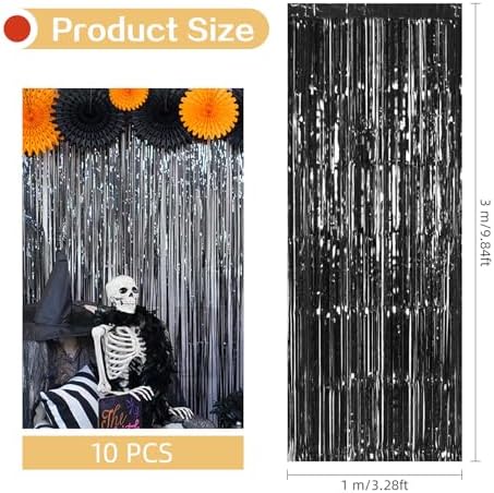 10 Pack Black Foil Curtain Backdrop 3.2ft x 9.8ft Metallic Tinsel Foil Fringe Curtains Streamer Photo Booth Backdrop for Birthday Party Engagement Bachelorette Party Decorations (Black) - Image 3