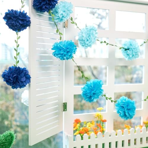 Gradient Blue Tissue Paper Pom Pom Garlands, Paper Flowers for Birthday Decorations, Baby Shower, Wedding Engagement, Bridal Shower, Spring Summer Party Decorations - Image 5