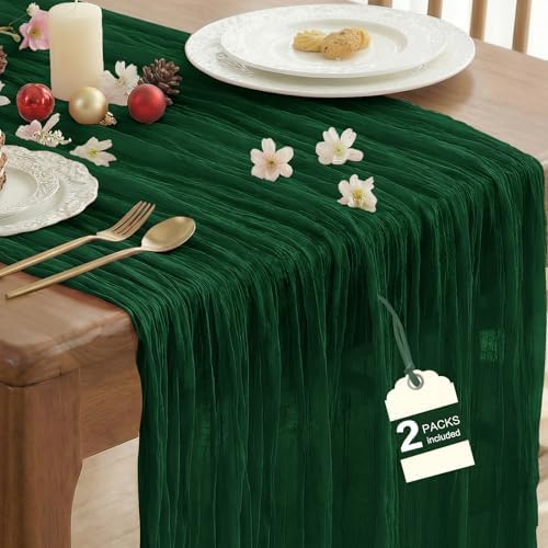 2 Pack Emerald Green Cheesecloth Table Runner for Fall Christmas Party Home by IVAPUPU