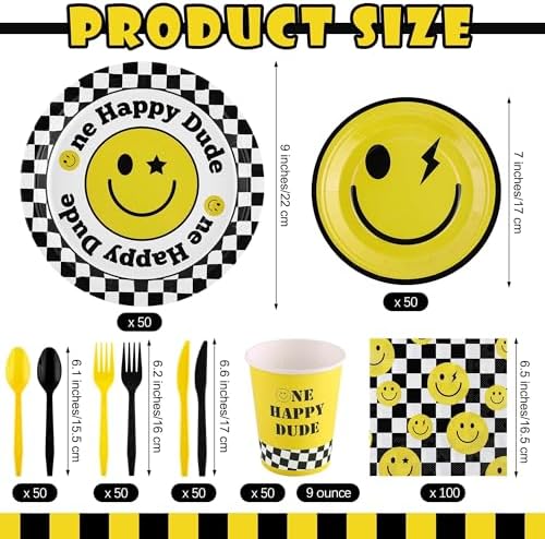 Kochorie 400 Pieces One Happy Dude Disposable Party Tableware Sets Including Plates Cups Napkins Cutlery Serves 50 for Smiley Party 1st Birthday Preppy Party Decorations - Image 2