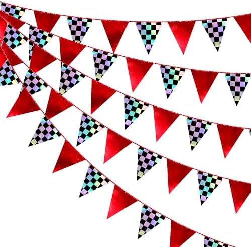 Racing Party Decorations Iridescent Checkered Red Pennant Banner Flag Hanging Paper Triangle Bunting for Race Fans Birthday Monster Truck Race Car Party Decorations Supplies by pinkblume