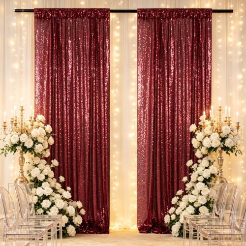 ShinyBeauty Sequin Backdrop 2 Panels 4x7ft Burgundy for Wedding by ShinyBeauty