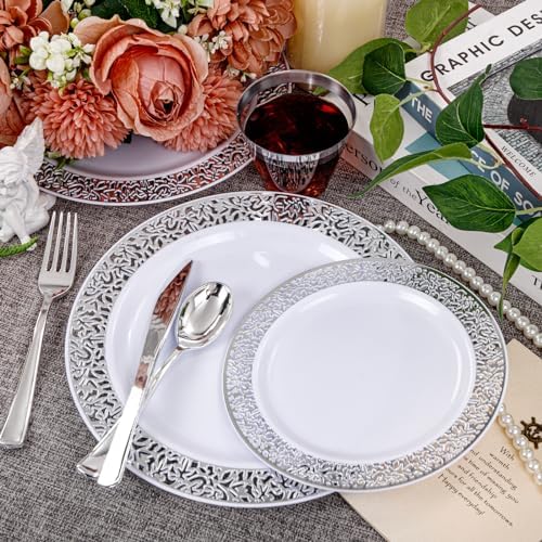 WELLIFE 210pcs Dinnerware Set - Silver Rimmed Plastic Plates Disposable Heavy Duty, Disposable Plastic Plates with Silver Rim, Water-proof, Break-proof, Best Choice for Any Party - Image 4