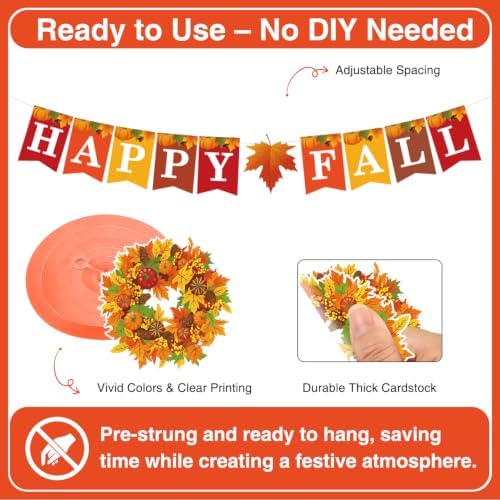Biswiter Fall Decor, Hello Fall Banner & Pumpkin Paper Lanterns Set - Image 3