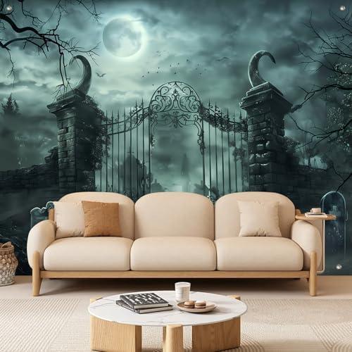 BlissYard Halloween Backdrop Banner Haunted Graveyard Gate 8x6ft - Image 2