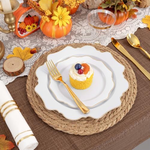 WDF 175Pcs Gold Plates Disposable - White and Gold Plastic Plates 25guest Plastic Dinnerware Ideal for Party/Wedding/Thanksgiving/Fall/Rosh Hashanah - Image 2