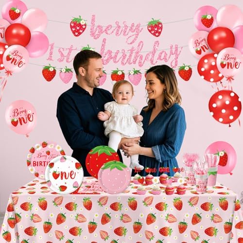 Berry First Birthday Decor Strawberry 1st Birthday Decorations for Plates, Napkins, Cups, Cutlery, Cupcake Toppers, Banner, Tablecloth, Balloons for Girls Strawberry Party Decorations, Serve 20 - Image 7