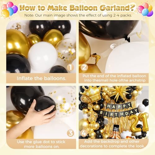 21st Birthday Decorations for Him 150pcs with Number 21 Foil Balloon Fringe Curtains White Black and Gold Balloons Arch Kit for 21st Birthday Decorations Graduation Birthday Balloons for Bed - Image 3