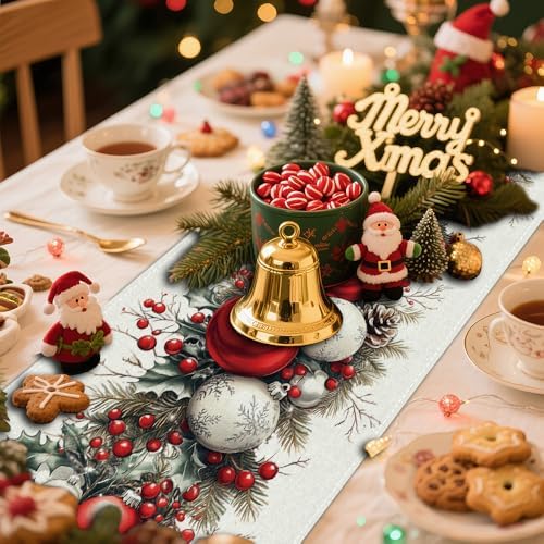 Christmas Table Runner, Seasonal Winter Kitchen Table Decoration, Suitable for Winter Christmas Family Gathering Indoor 13x72 inches (13x72 inches, Red and White Bell) - Image 6