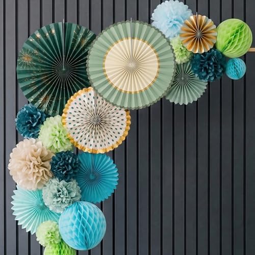 PapaKit 26pc Deluxe Large Sage Green & Gold Party Decoration Set - Premium Paper Fans, Honeycomb Balls & Pom Poms Backdrop - Party Wall Decor for Baby Shower, Wedding, Birthday, & Bridal Shower - Image 2