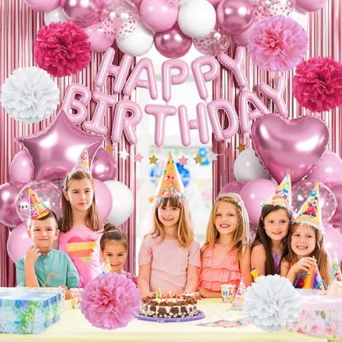 Pink Birthday Decorations for Girls, Pink White Party Balloons Happy Birthday Banner Balloon Star Heart Foil Balloon Fringe Curtain Paper Pompom for Women Bday Party Supplies - Image 4