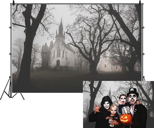 Halloween Gothic Church Backdrop Foggy Cemetery Dark Trees Haunted Chapel Horror Scary Movies Photography Background for Halloween Party Photo Booth Studio Props 20x10ft - Image 4