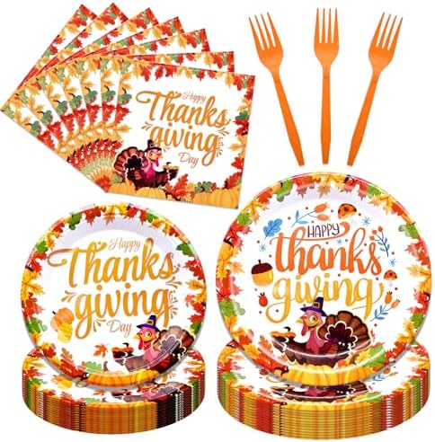 96 Pieces Happy Thanksgiving Tableware Set Party Supplies - Fall Harvest Pattern Disposable Dinnerware with Paper Plates, Napkins, Forks for Autumn and Thanksgiving Dinner BBQ Picnic Favors by GistomeHome