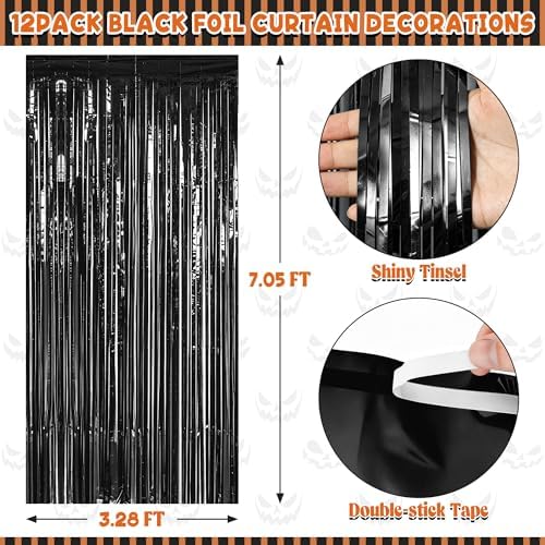 ZATAYE 12 Pack Black Halloween Foil Curtain Streamer Decorations - Image 2