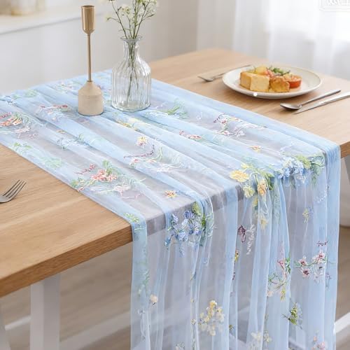 BINBE 3pcs Blue Florals Table Runner Embroidery Gauze 10FT Daisy Seasonal Tulle Birthday Wedding Holiday Kitchen Dining Table Decor for Home Party - Image 5