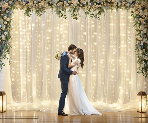 Ivory Tulle Backdrop Curtains with Lights String for Parites Wedding 20×8ft Ivory Sheer Backdrop Curtains for Baby Shower Birthday Party Photo Shoot Background Decorations(4 Panels 5ft×8ft) - Image 2