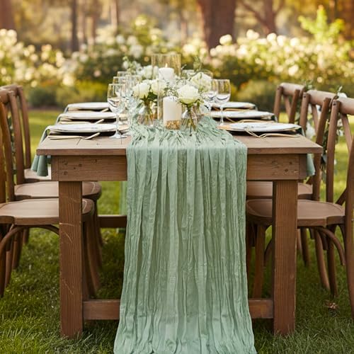 8 Pack Sage Green Cheesecloth Table Runner 120 Inch Boho Wedding Decor - Image 7