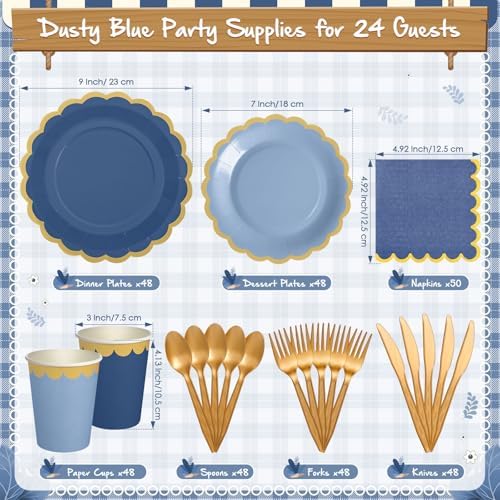 Mimorou 338 Pcs Dusty Blue Plates Napkins Cups Flatware Set - Image 2