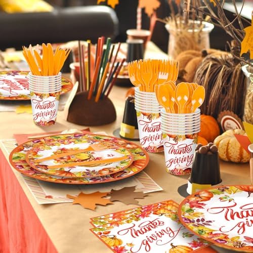 175 Pcs Thanksgiving Tableware Set - Serves 25, Harvest-Themed Disposable Plates, Cups, Napkins, Plastic Forks, Spoons, Knives for Thanksgiving Day Dinner, Fall Party Supplies, Autumn Gatherings - Image 6