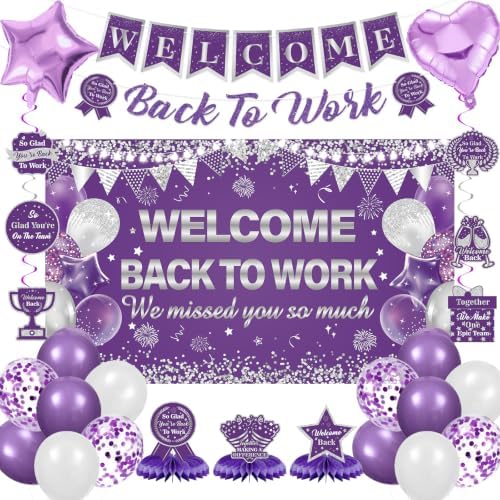 27pcs Welcome Back to Work Decorations Office Purple Welcome Back to Work Banner Balloons We Missed You So Much Backdrop Hanging Swirls Table Centerpieces Foil Balloons for Back to Work Office by Unknown