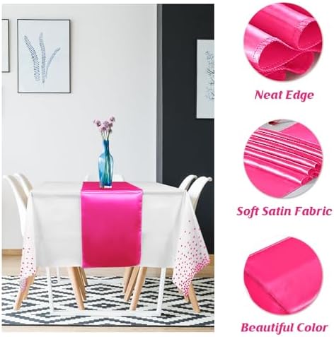 MASHAN 8Pack Disposable Plastic Party Tablecloths & Satin Table Runner Set - White Hot Pink Dot - Wedding, Birthday, Baby Shower - 54 x 108 Inch - Image 3