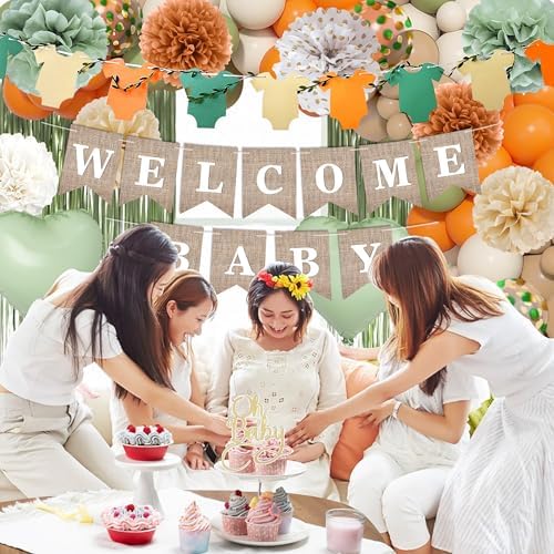 Orange Green Baby Shower Decorations-Welcome Banner Sage Green Sand White Confetti Balloon 'Oh-Baby' Cake Topper Fringe Curtains Paper Pom Poms for Boho Neutral Little Cutie Baby Shower Fall Party - Image 6
