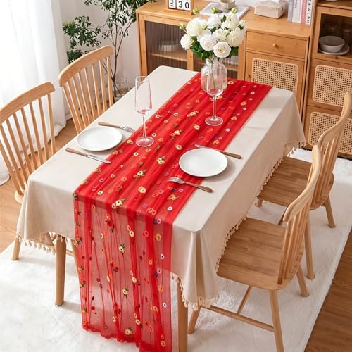 BINBE 3pcs Daisy Spring Table Runner Embroidery Gauze 10FT Florals Seasonal Tulle Holiday Birthday Kitchen Dining Table Decor for Home Party Red - Image 3