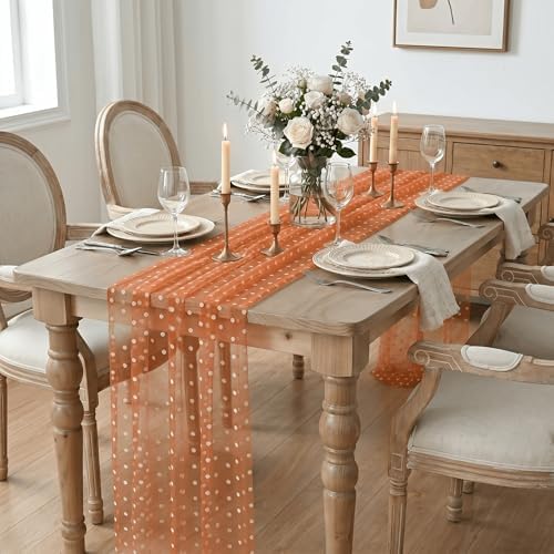 Artoid Mode Caramel Gauze Flocking Beige Dots Table Runner 10FT,Fall Sheer Dining Table Decor for Wedding Anniversary Holiday Birthday Home Party - Image 3