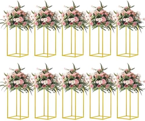 10 Pcs 15.75inch Gold Wedding Flower Vase Metal Column Flower Stand, Geometric Centerpieces Vase for Table, Home Party Wedding Decorations by MEISHAONV