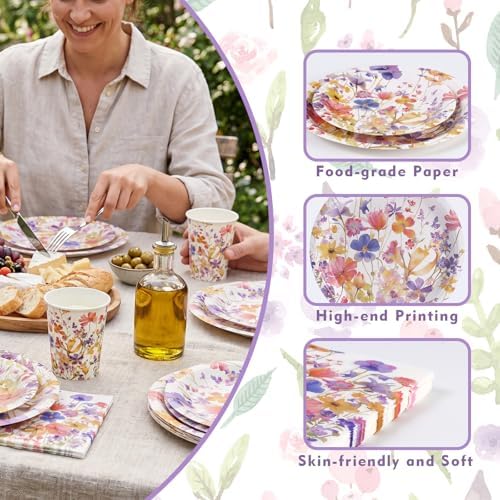 80 PCS Floral Paper Plates, Floral Wildflower Paper Plates and Napkins Party Supplies for Birthday Bridal Shower Picnic Tea Time, Serve for 20 Guests - Image 2
