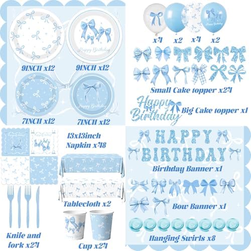 Blue Bow Birthday Party Supplies Serve 24,Coquette Birthday Decorations Blue Bow Party Plate,Napkin,Banner,Cup for Girls Women Bridal Engagement,Baby Shower Decorations - Image 6