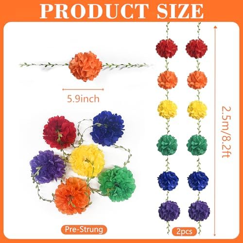 Rainbow Party Decorations Colorful Tissue Paper Flowers Pom Pom with Leaf Ribbon Hanging Garland Streamer for Multi-Color Birthday Wedding Shower Carnival Clown Fiesta Festival Party Supplies - Image 2