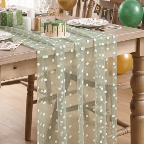 Artoid Mode Sage Green Gauze Flocking White Dots Table Runner 10FT,Spring Sheer Dining Table Decor for Wedding Anniversary Holiday Birthday Home Party by ArtoidMode
