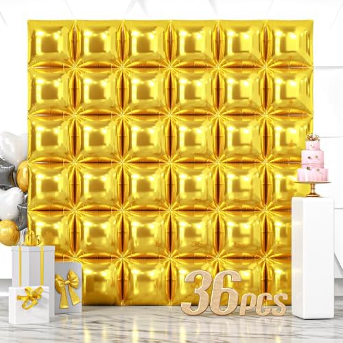 NISOCY 36PCS Metallic Gold Square Foil Balloons Wall Backdrop by NISOCY