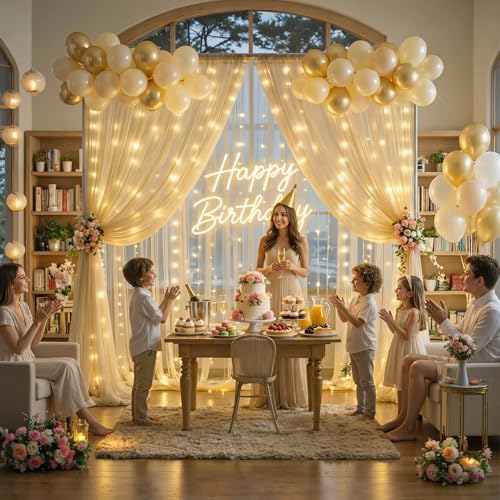 Champagne Tulle Photo Backdrop Curtain with Lights String for Parties Wedding Bridal Shower Sheer Champagne Curtain Backdrop for Birthday Baby Shower Photo Booth Photography 10ft x 8ft - Image 7